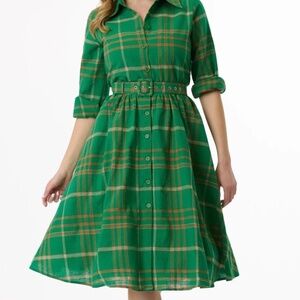 Unique Vintage Green Plaid Belted Cotton Shirt Dress (new with tags)
